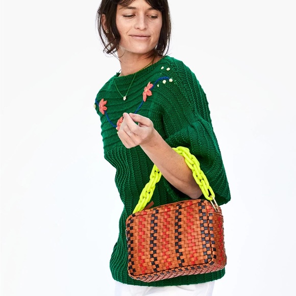 Clare V. Marisol Pinstripe Woven Checker Crossbody Bag NWT Natural Navy Red - Picture 2 of 7